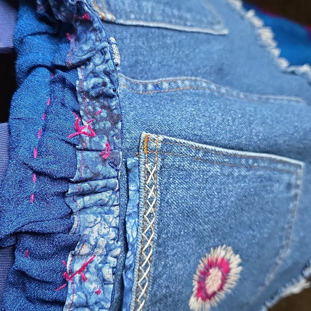 Upcycled Red and Blue Tiered Distressed Midi Blue Jean Skirt - Picture 10 of 12